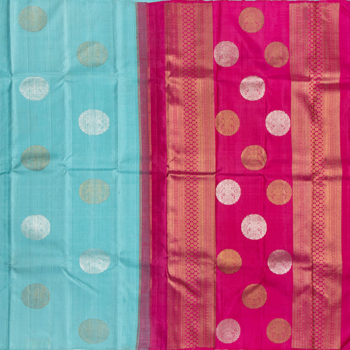 Blue Kanchipuram Dupion Handloom Silk Saree with Pink Accents 