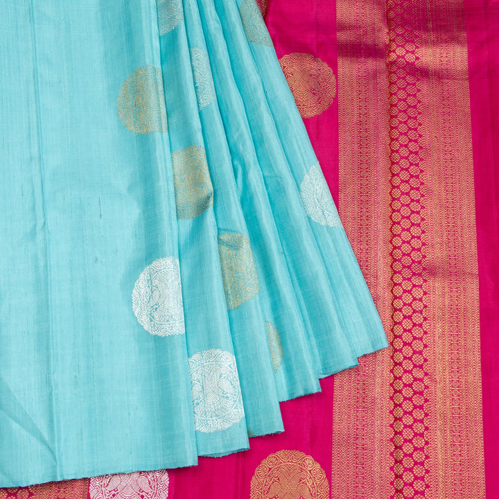 Blue Kanchipuram Dupion Handloom Silk Saree with Pink Accents 
