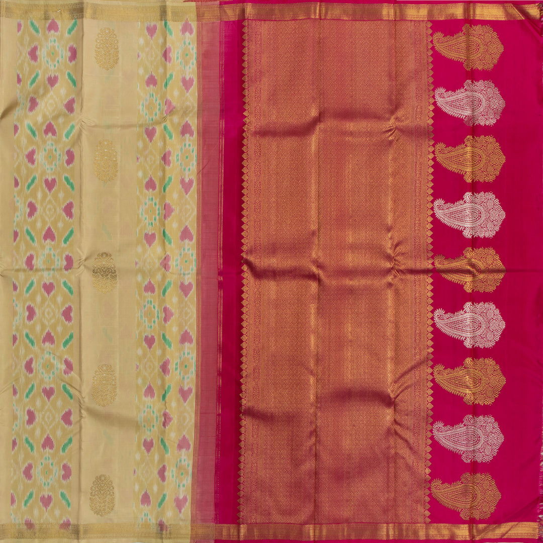 Kuberan Cream With Pink Kanchivaram Ikkat Silk Saree
