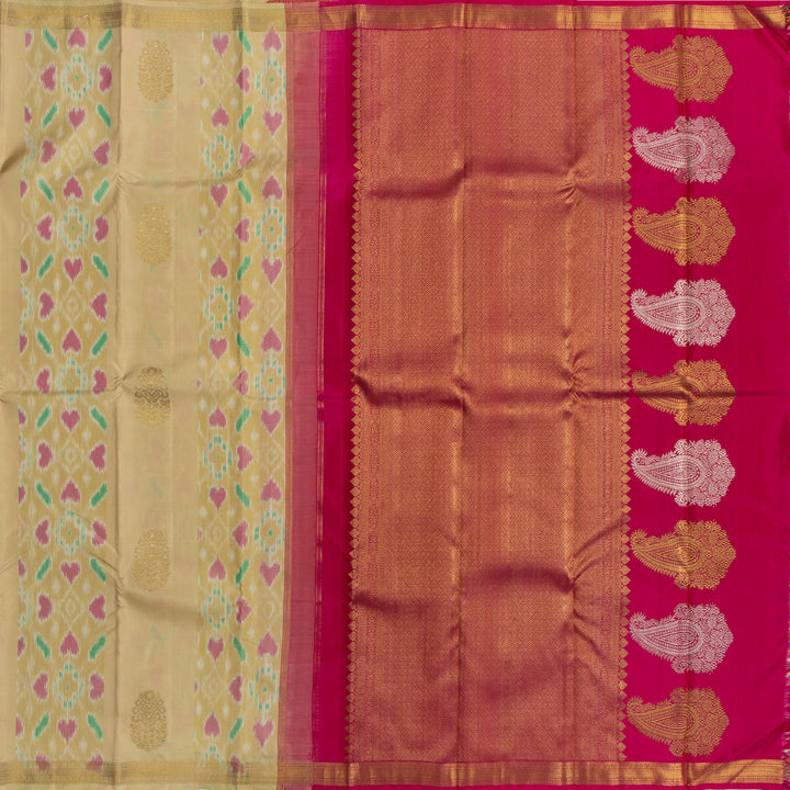 Kuberan Cream With Pink Kanchivaram Ikkat Silk Saree