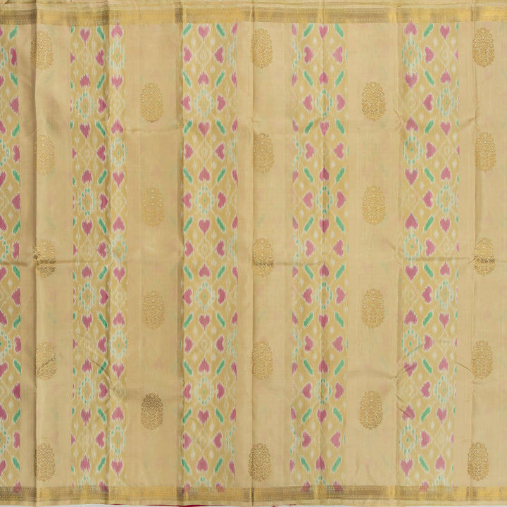 Kuberan Cream With Pink Kanchivaram Ikkat Silk Saree
