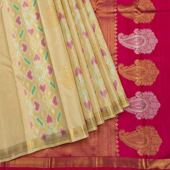 Kuberan Cream With Pink Kanchivaram Ikkat Silk Saree