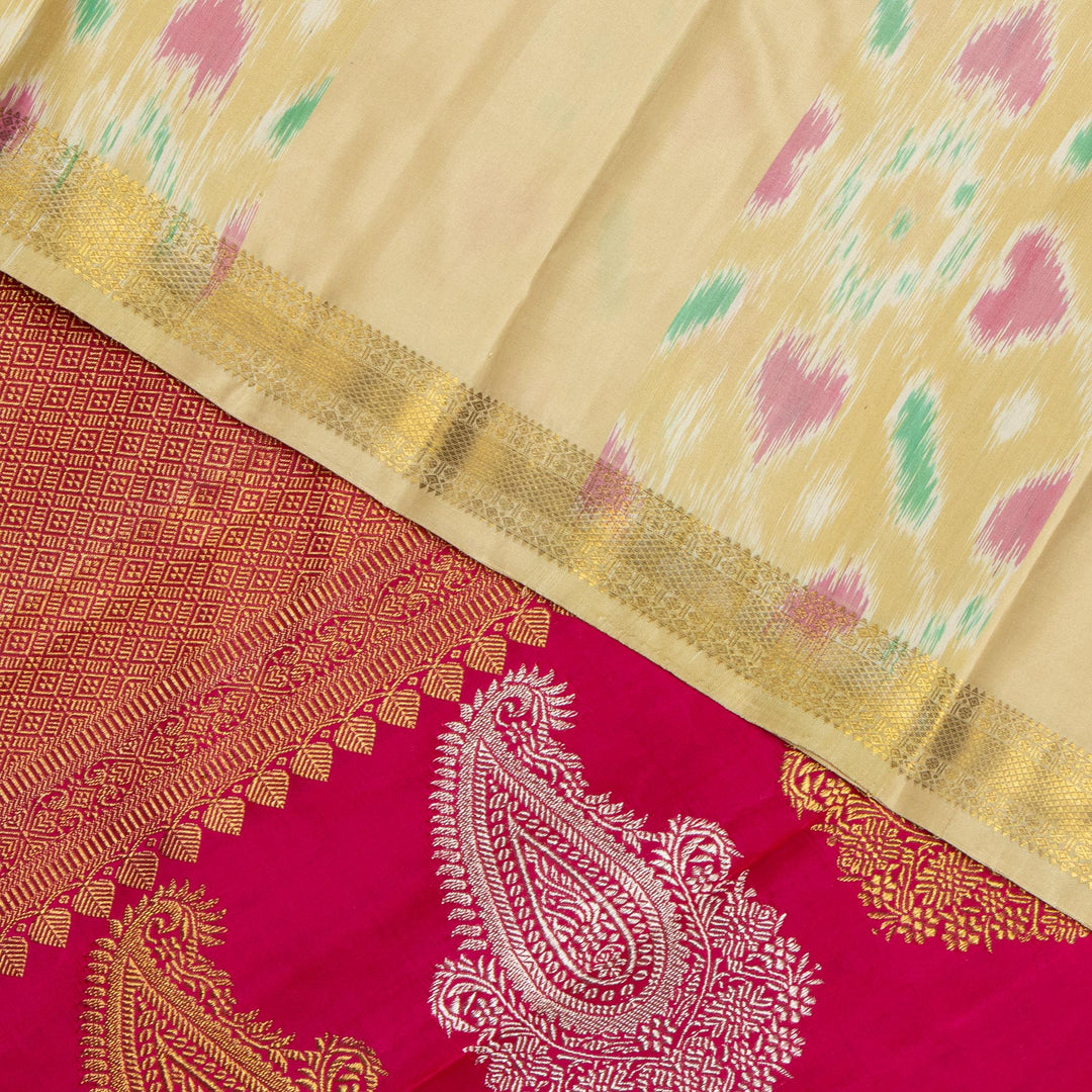 Kuberan Cream With Pink Kanchivaram Ikkat Silk Saree