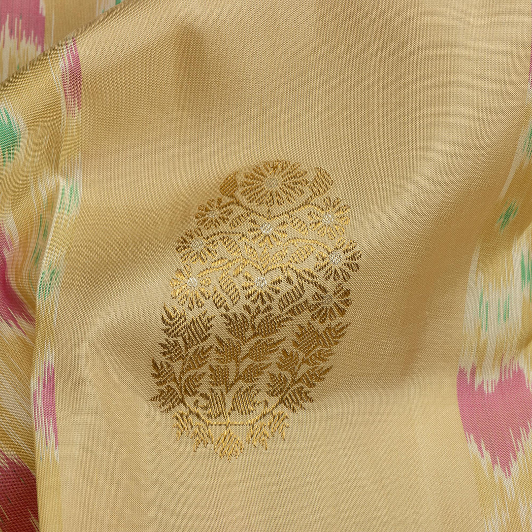 Kuberan Cream With Pink Kanchivaram Ikkat Silk Saree