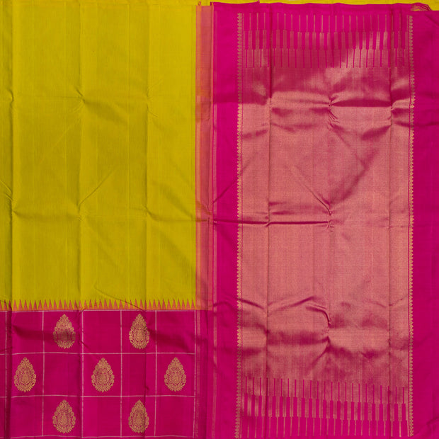 Kuberan Parrot Green With Pink Kanchipuram Linen Silk Saree