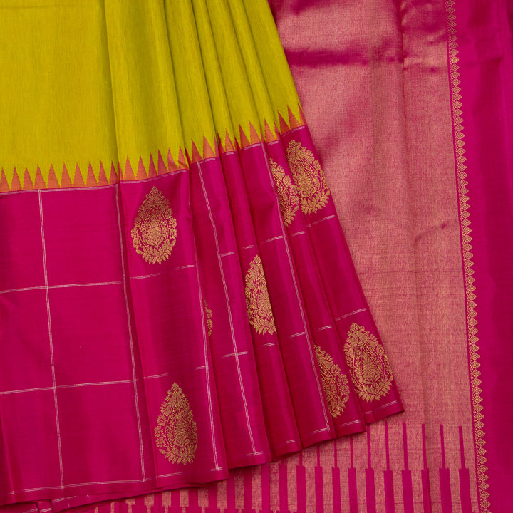 Kuberan Parrot Green With Pink Kanchipuram Linen Silk Saree