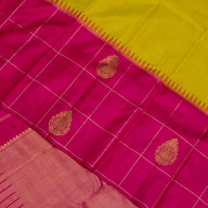 Kuberan Parrot Green With Pink Kanchipuram Linen Silk Saree