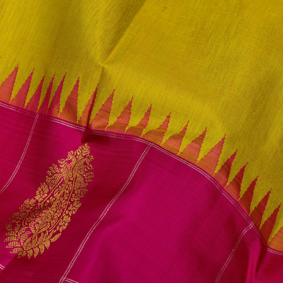 Kuberan Parrot Green With Pink Kanchipuram Linen Silk Saree