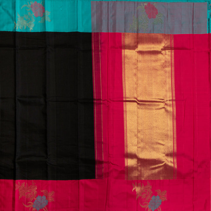 Kuberan Black With Pink Border Linen Kanchipuram Silk Saree