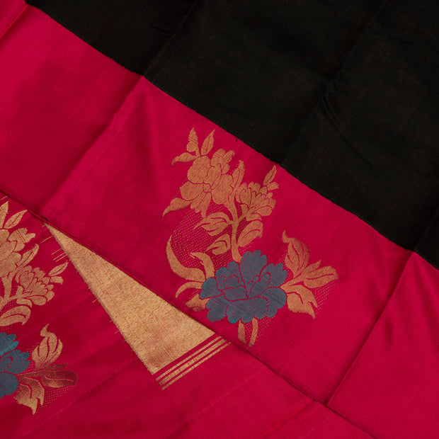 Kuberan Black With Pink Border Linen Kanchipuram Silk Saree