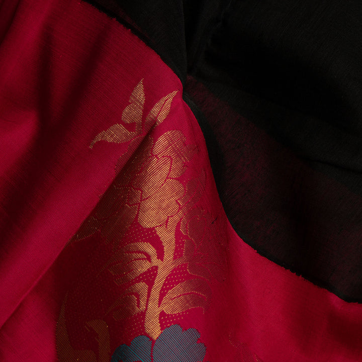 Kuberan Black With Pink Border Linen Kanchipuram Silk Saree