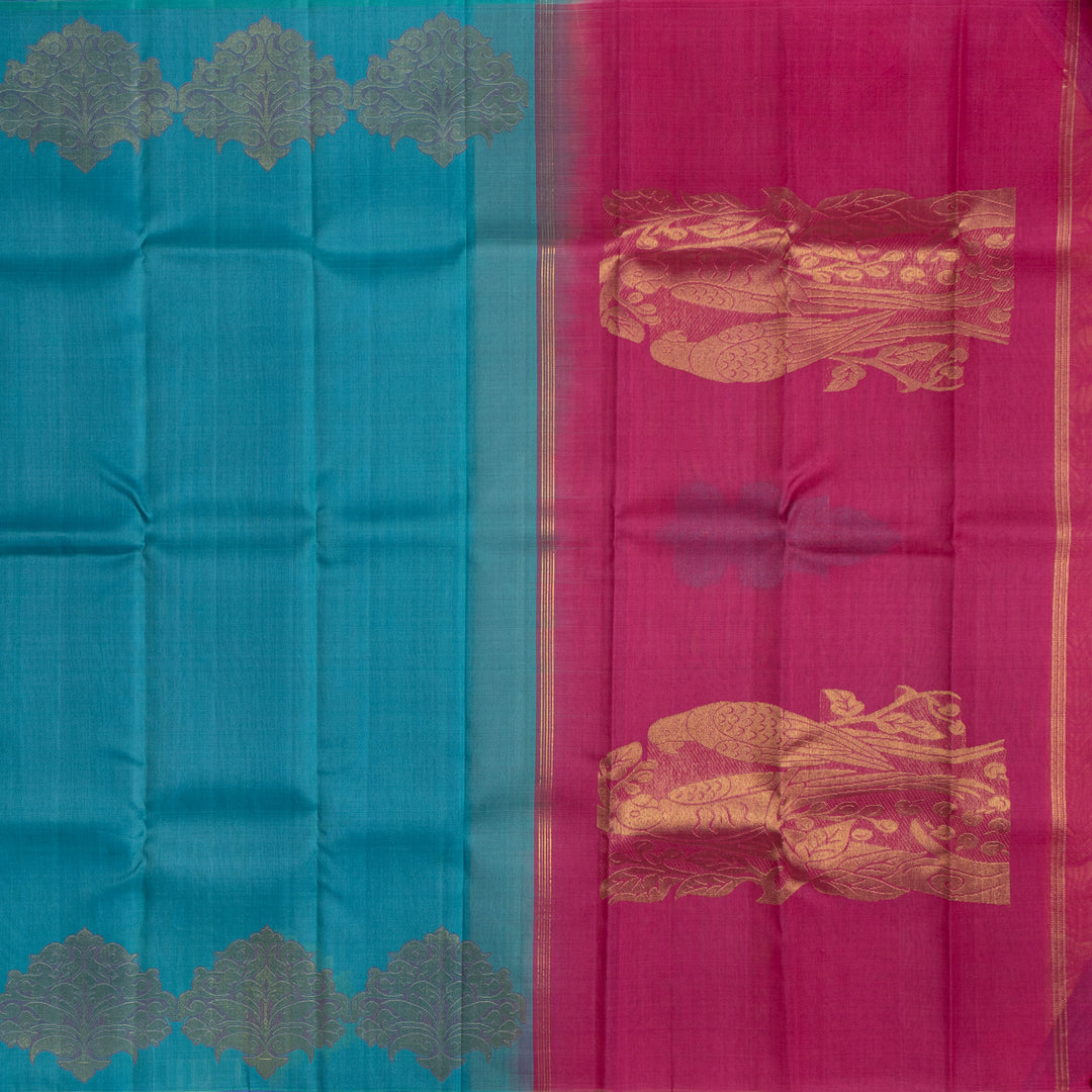 Kuberan Blue With Pink Organza Kanchipuram Silk Saree