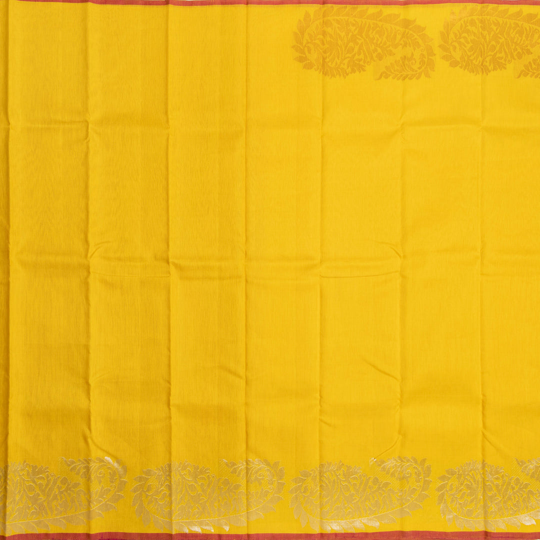Yellow Linen Kanchipuram Silk Saree with Pink Border