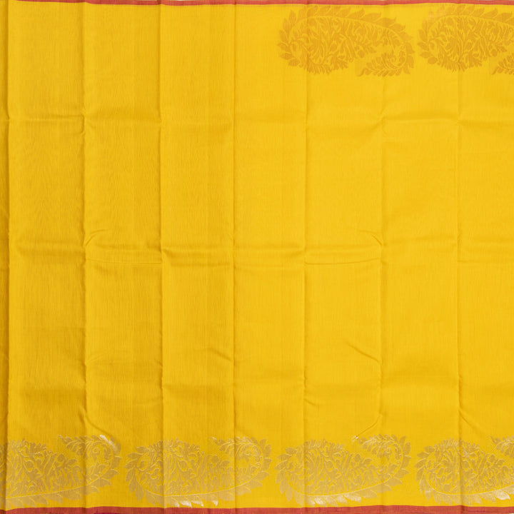 Yellow Linen Kanchipuram Silk Saree with Pink Border