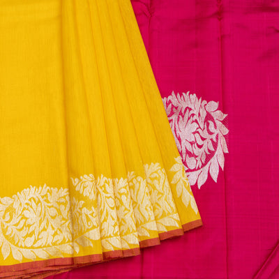 Yellow Linen Kanchipuram Silk Saree with Pink Border