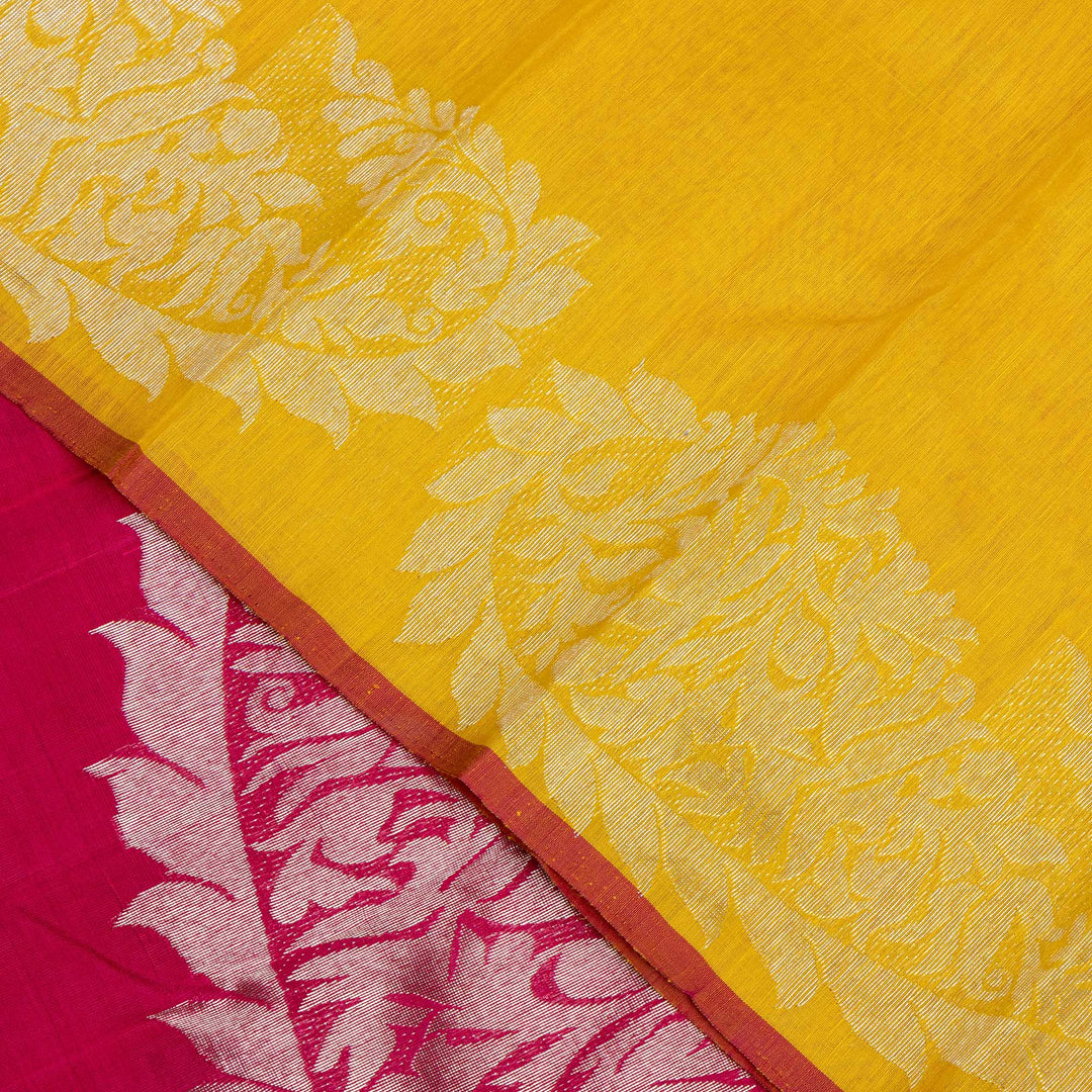 Yellow Linen Kanchipuram Silk Saree with Pink Border