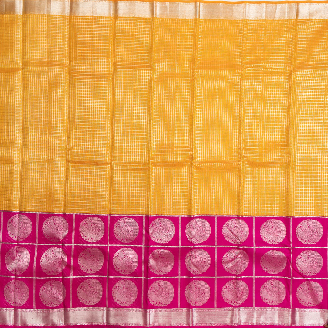 Kuberan Yellow With Pink Border Organza Kanchipuram Silk Saree