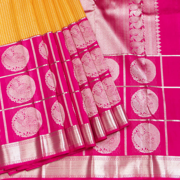 Kuberan Yellow With Pink Border Organza Kanchipuram Silk Saree