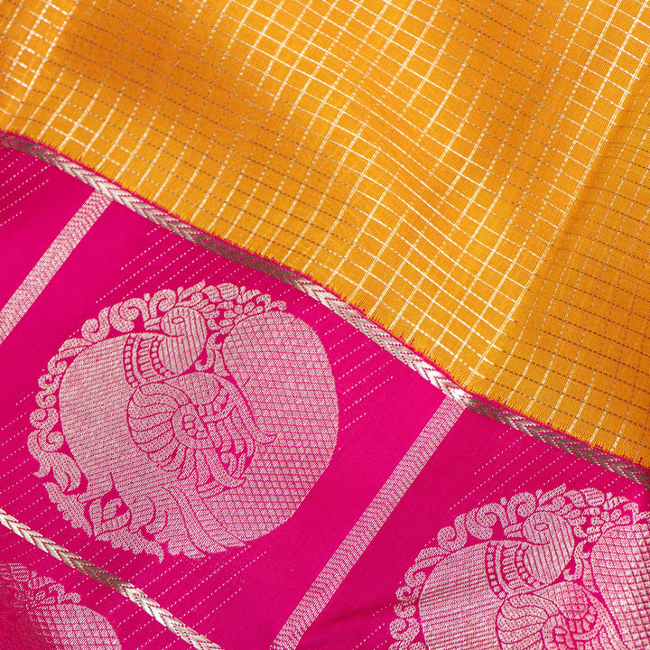 Kuberan Yellow With Pink Border Organza Kanchipuram Silk Saree