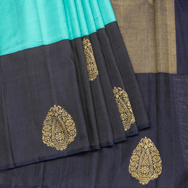 Kuberan Blue With Black Border Linen Kanchipuram Silk Saree