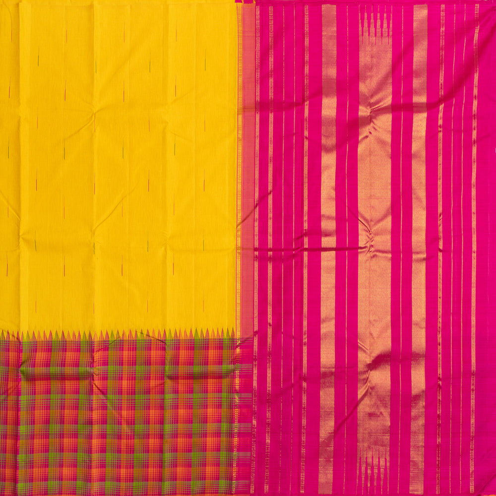 Yellow with Pink Border Linen Kanchipuram Silk Saree