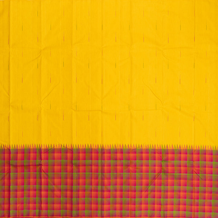 Yellow with Pink Border Linen Kanchipuram Silk Saree