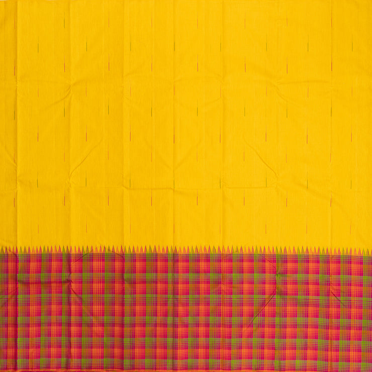 Yellow with Pink Border Linen Kanchipuram Silk Saree