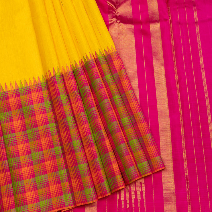 Yellow with Pink Border Linen Kanchipuram Silk Saree