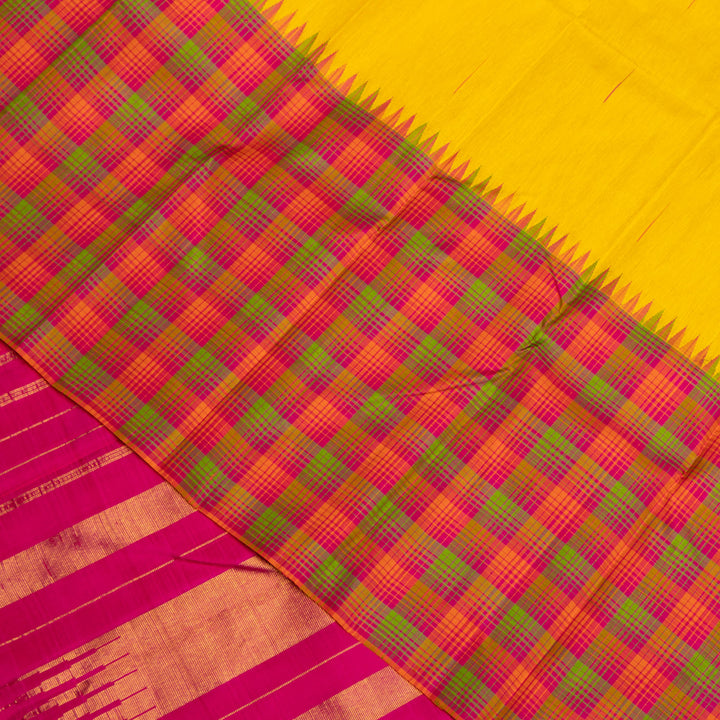 Yellow with Pink Border Linen Kanchipuram Silk Saree
