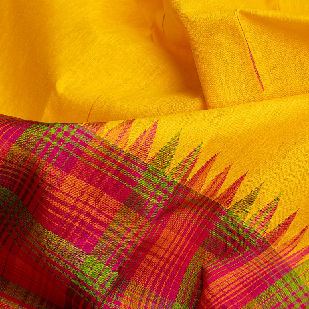 Yellow with Pink Border Linen Kanchipuram Silk Saree