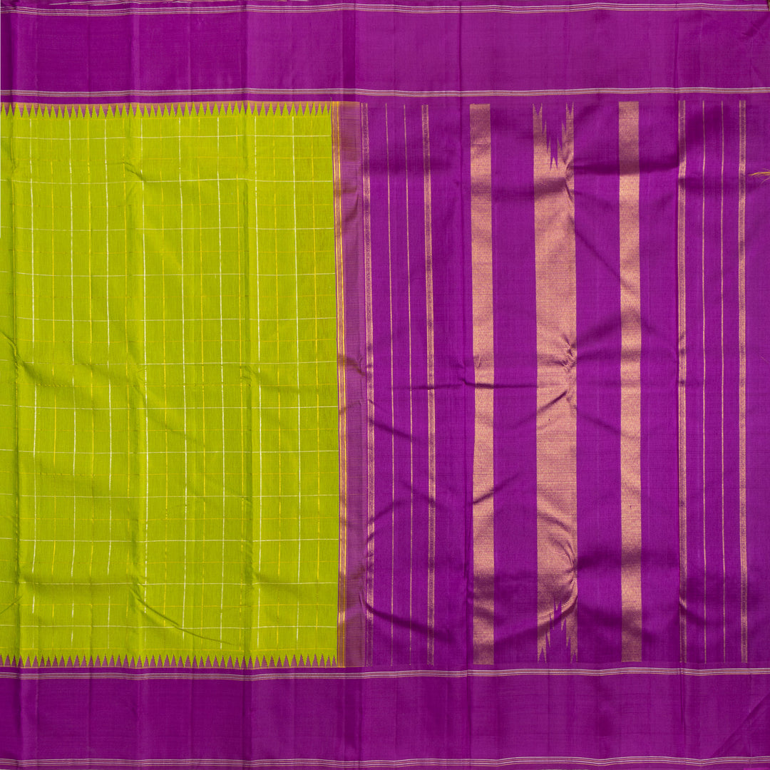 Parrot Green with Purple Border Linen Kanchipuram Silk Saree