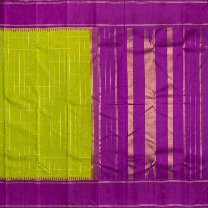 Parrot Green with Purple Border Linen Kanchipuram Silk Saree