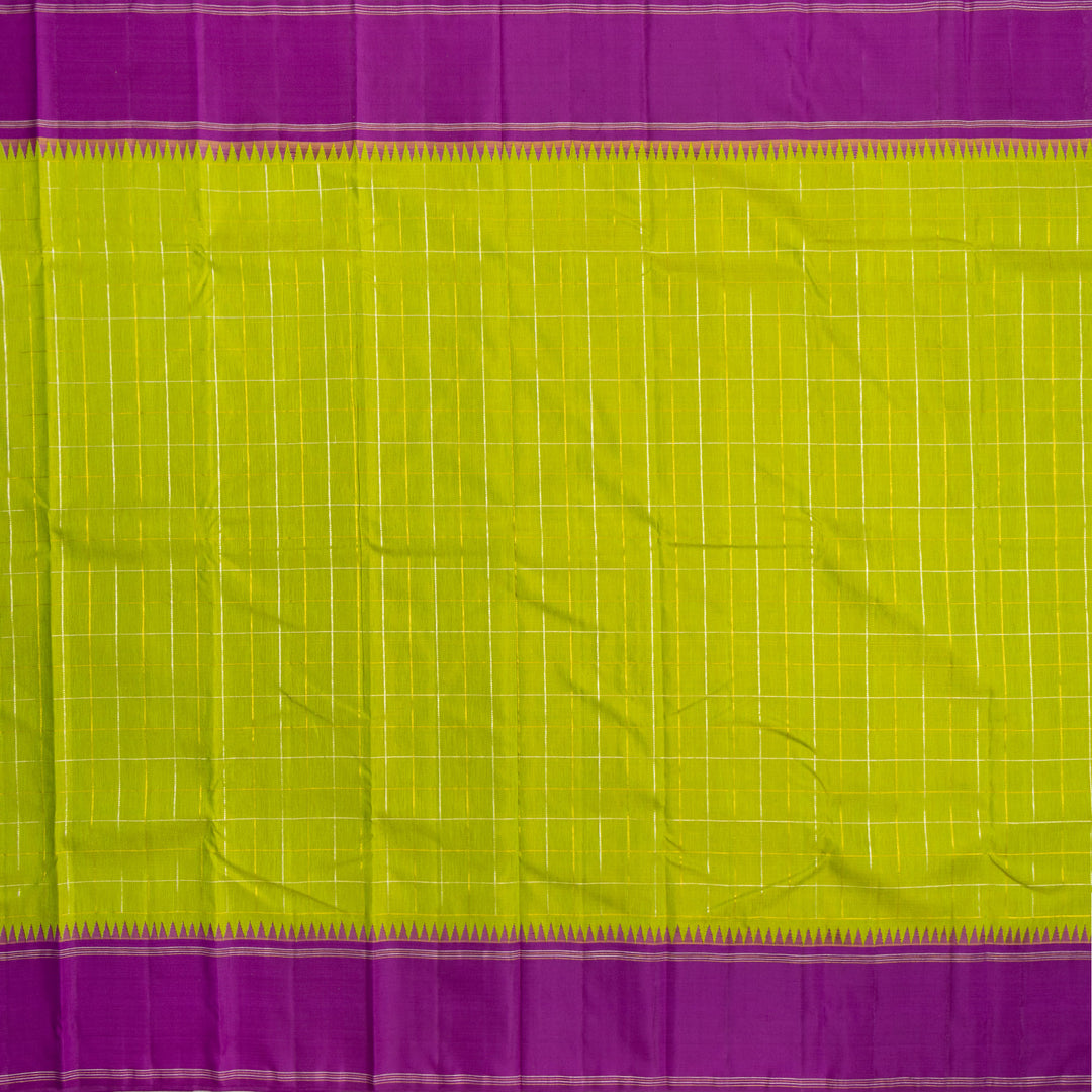 Parrot Green with Purple Border Linen Kanchipuram Silk Saree