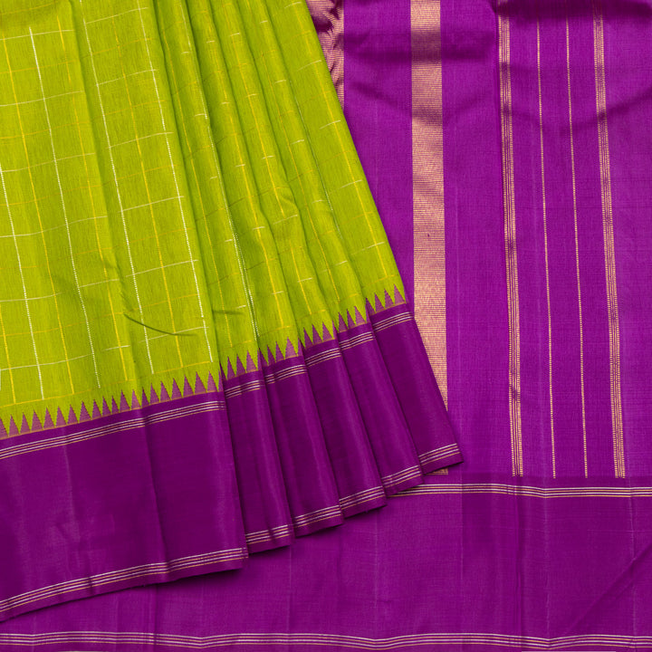 Parrot Green with Purple Border Linen Kanchipuram Silk Saree