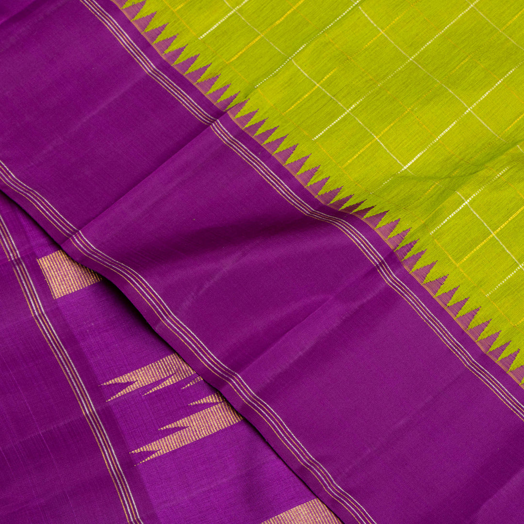 Parrot Green with Purple Border Linen Kanchipuram Silk Saree