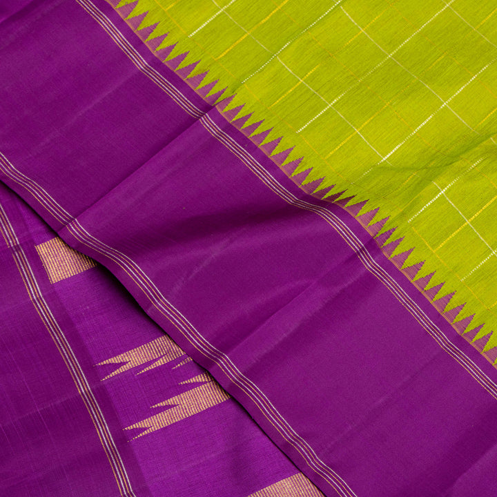 Parrot Green with Purple Border Linen Kanchipuram Silk Saree