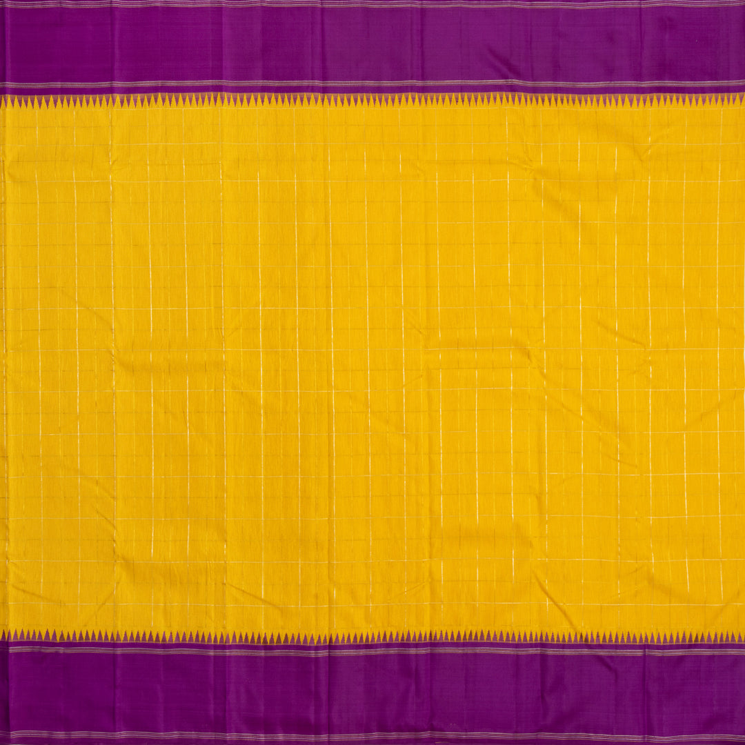 Yellow Linen Kanchipuram Silk Saree with Purple Border 