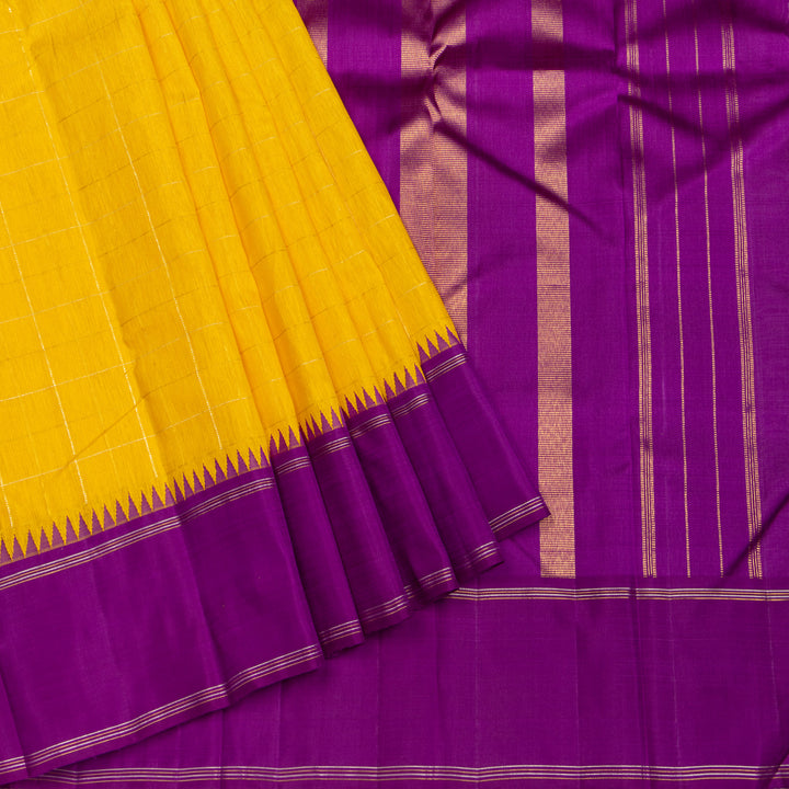 Yellow Linen Kanchipuram Silk Saree with Purple Border 