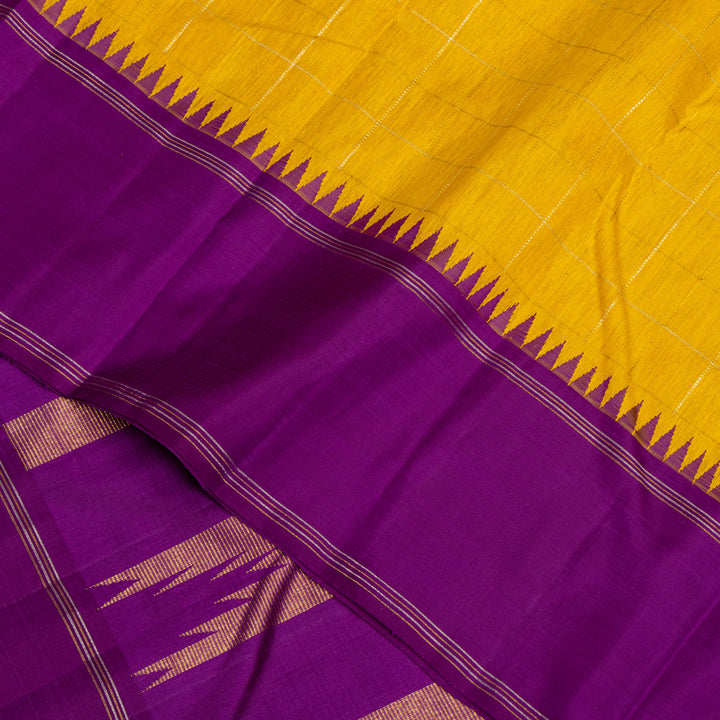 Yellow Linen Kanchipuram Silk Saree with Purple Border 