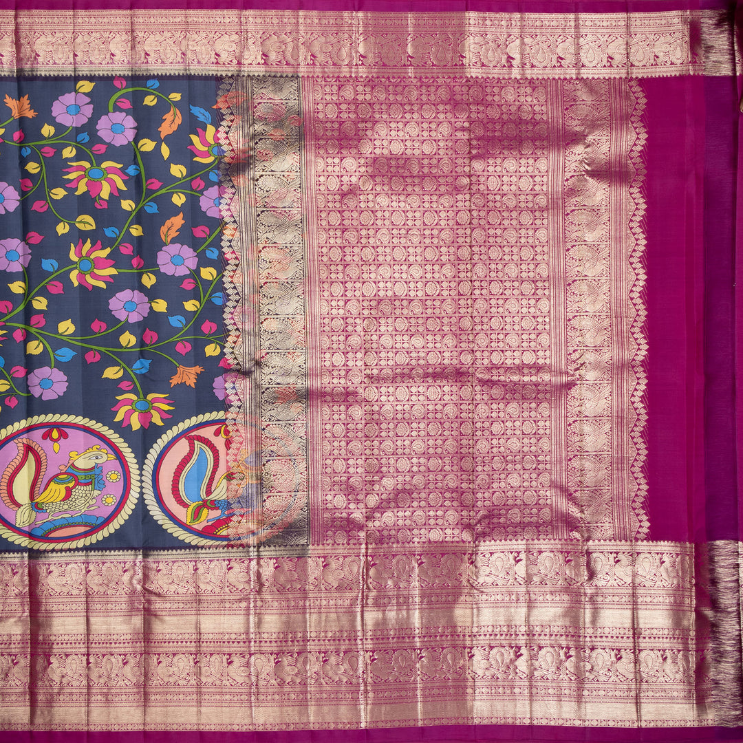 Kuberan Blue Kalamkari Prints Kanchipuram Silk Sare