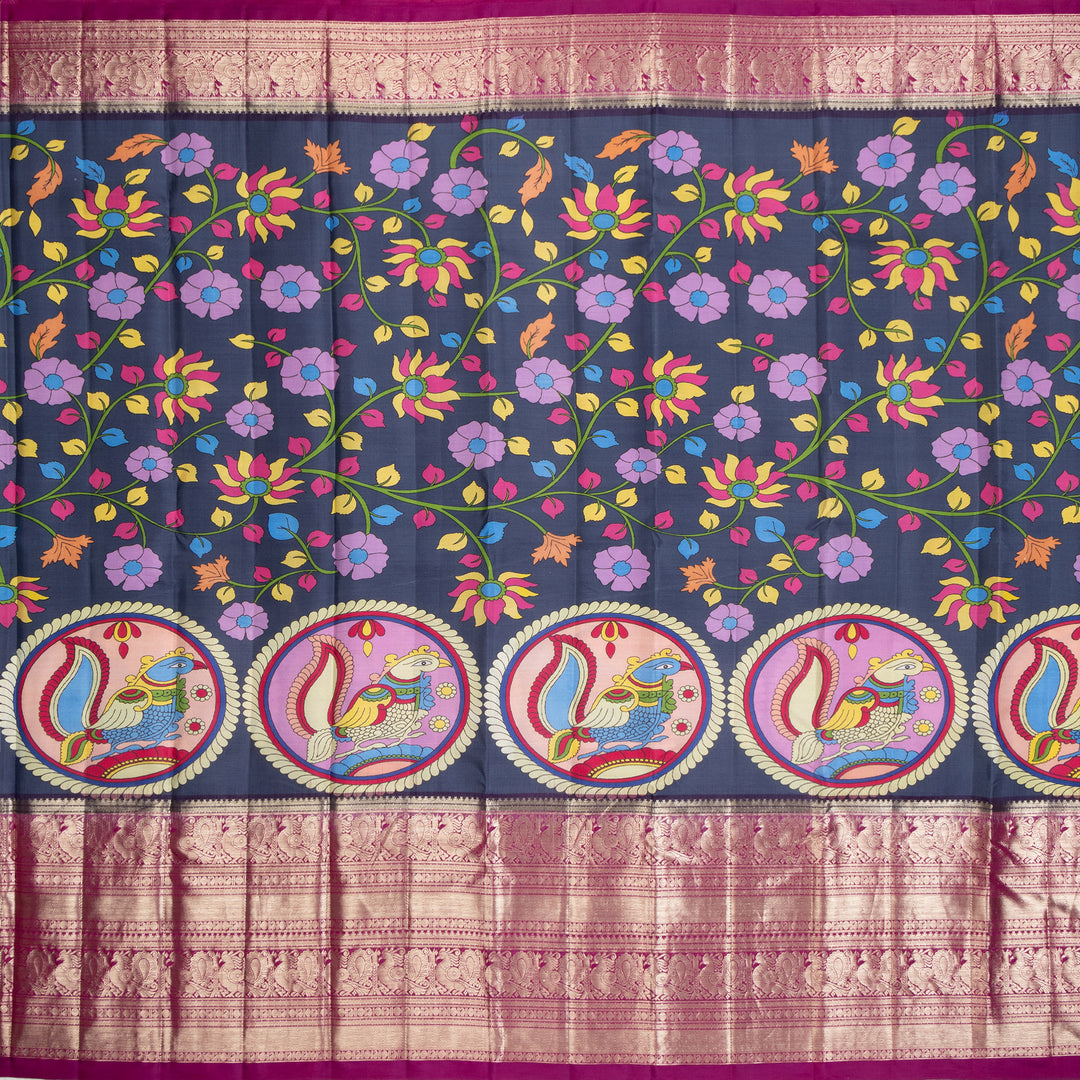 Kuberan Blue Kalamkari Prints Kanchipuram Silk Sare
