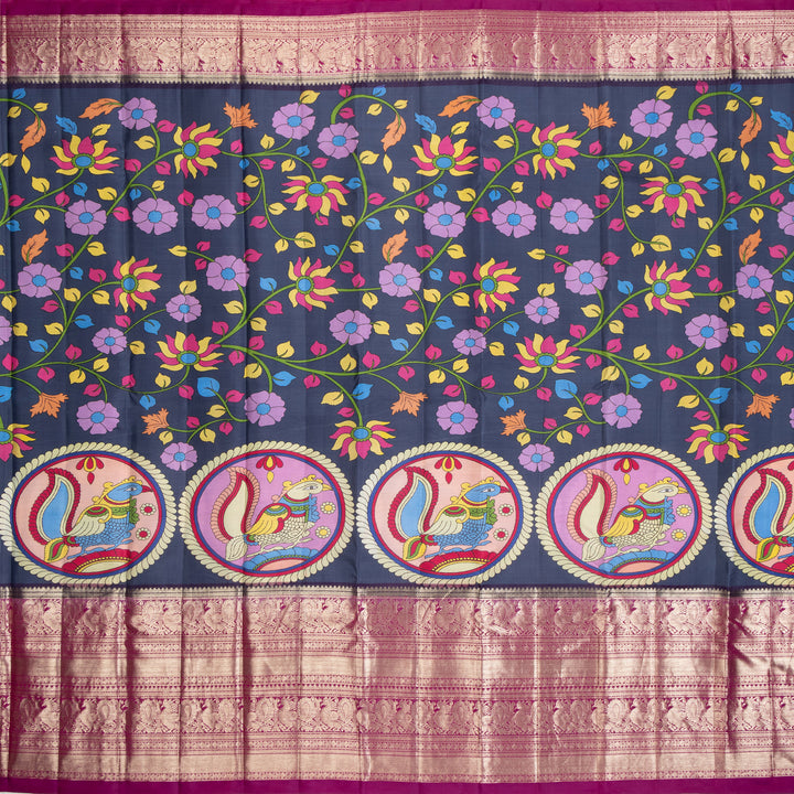 Kuberan Blue Kalamkari Prints Kanchipuram Silk Sare