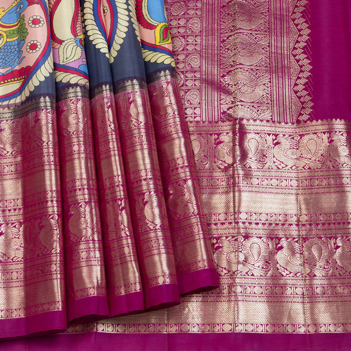 Kuberan Blue Kalamkari Prints Kanchipuram Silk Sare