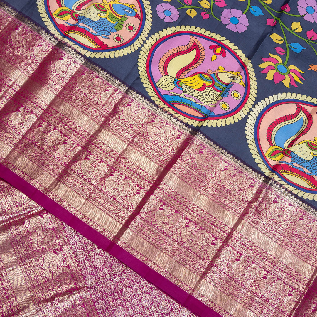 Kuberan Blue Kalamkari Prints Kanchipuram Silk Sare