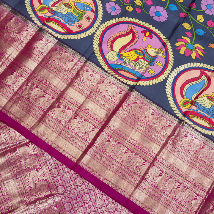 Kuberan Blue Kalamkari Prints Kanchipuram Silk Sare