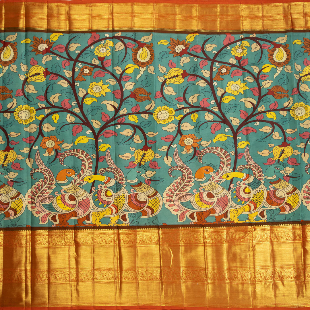 Kuberan Rama Green Kalamkari Prints Kanchipuram Silk Saree