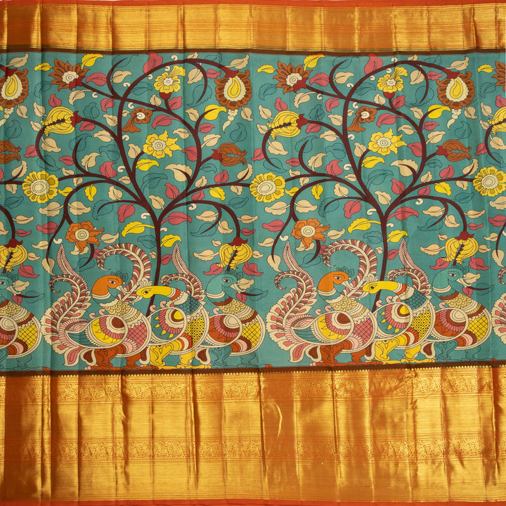 Kuberan Rama Green Kalamkari Prints Kanchipuram Silk Saree