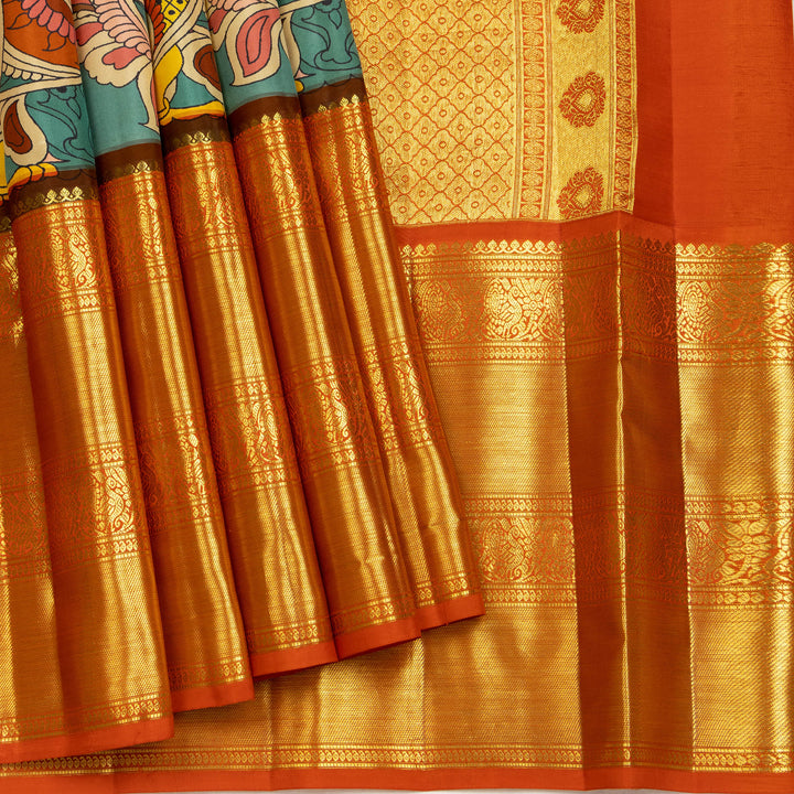 Kuberan Rama Green Kalamkari Prints Kanchipuram Silk Saree