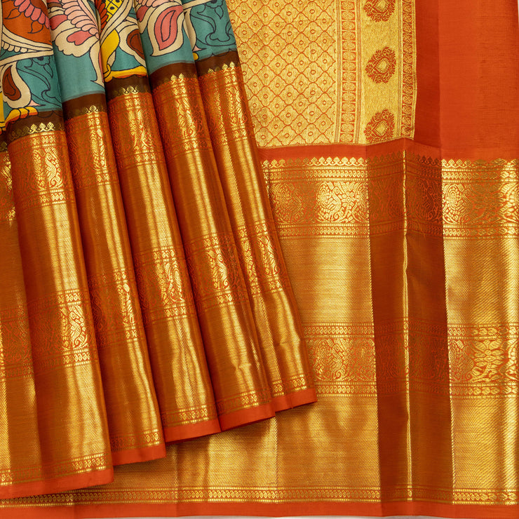 Pure Kanchipuram Silk Saree With Kalamkari Hand Print. – fab-persona
