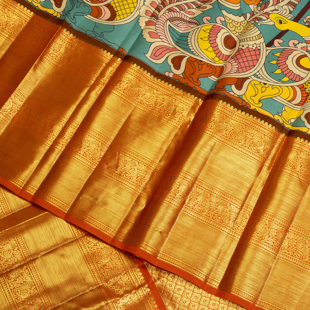 Kuberan Rama Green Kalamkari Prints Kanchipuram Silk Saree
